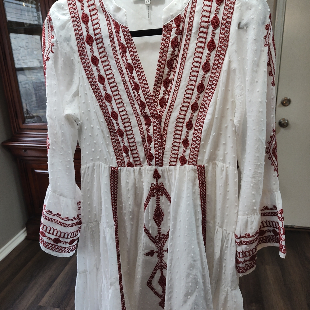 Hale Bob White Dress with Red Embroidery